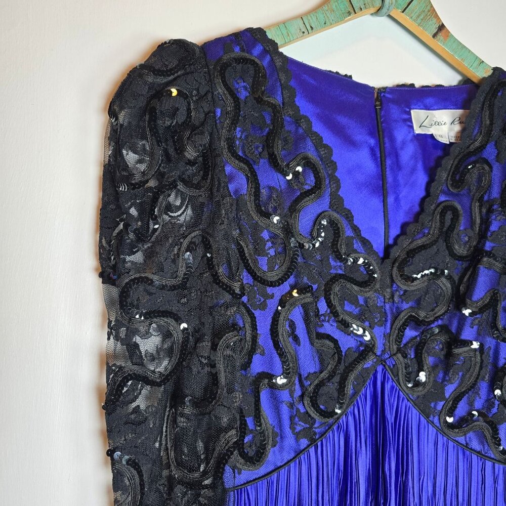 Vintage 1990s Lillie Rubin Royal Blue Sequin Lace Satin Pleat Evening Gown, 8 - Picture 4 of 13